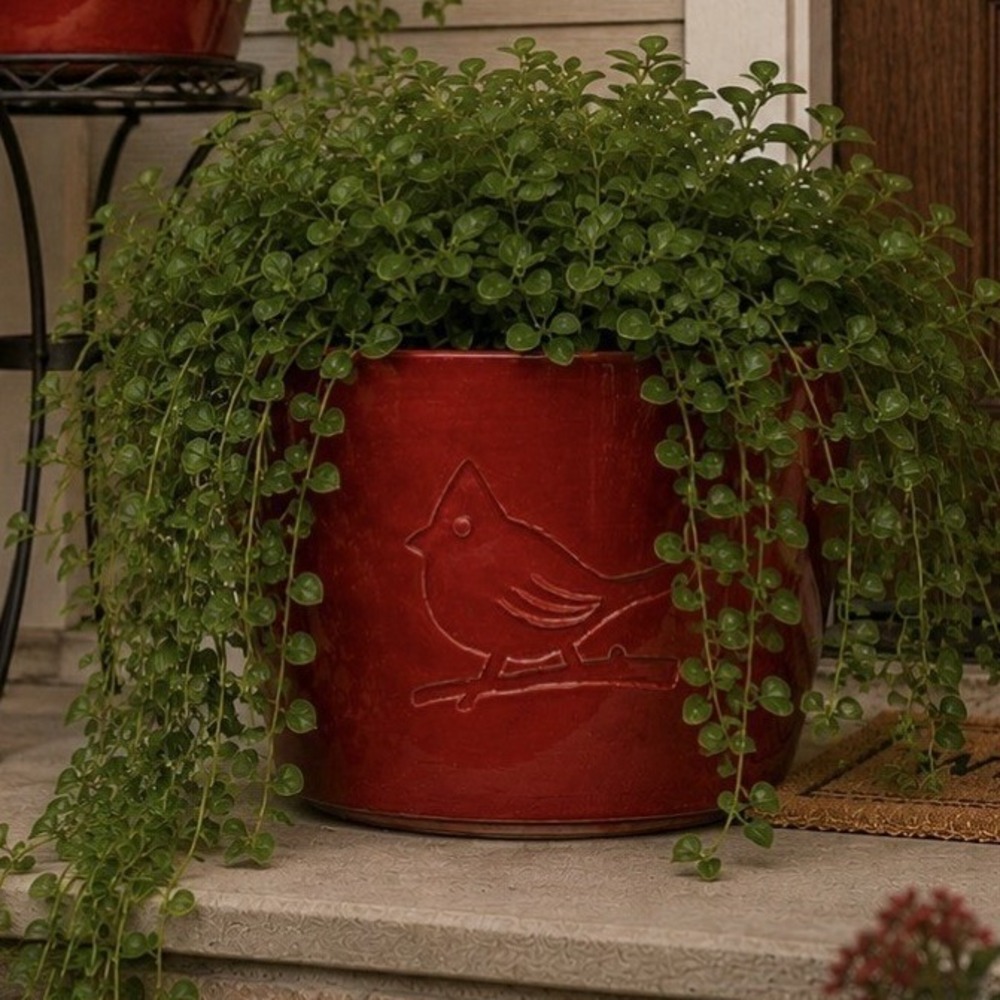 Red Ceramic Cardinal Bird Planter Embossed Glossy Stoneware Flower Pot 8 Inch